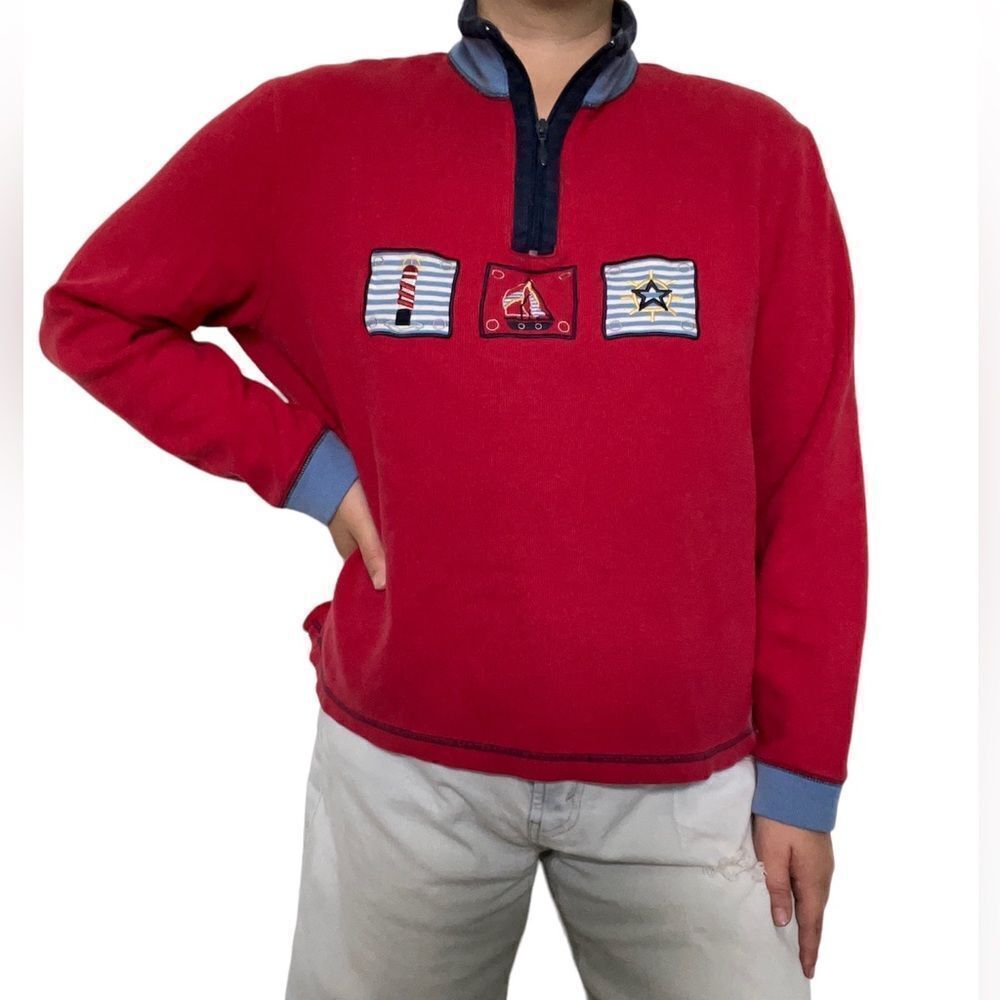 VINTAGE Nautical Coastal Grandma Quarter Zip Pullover Size XL